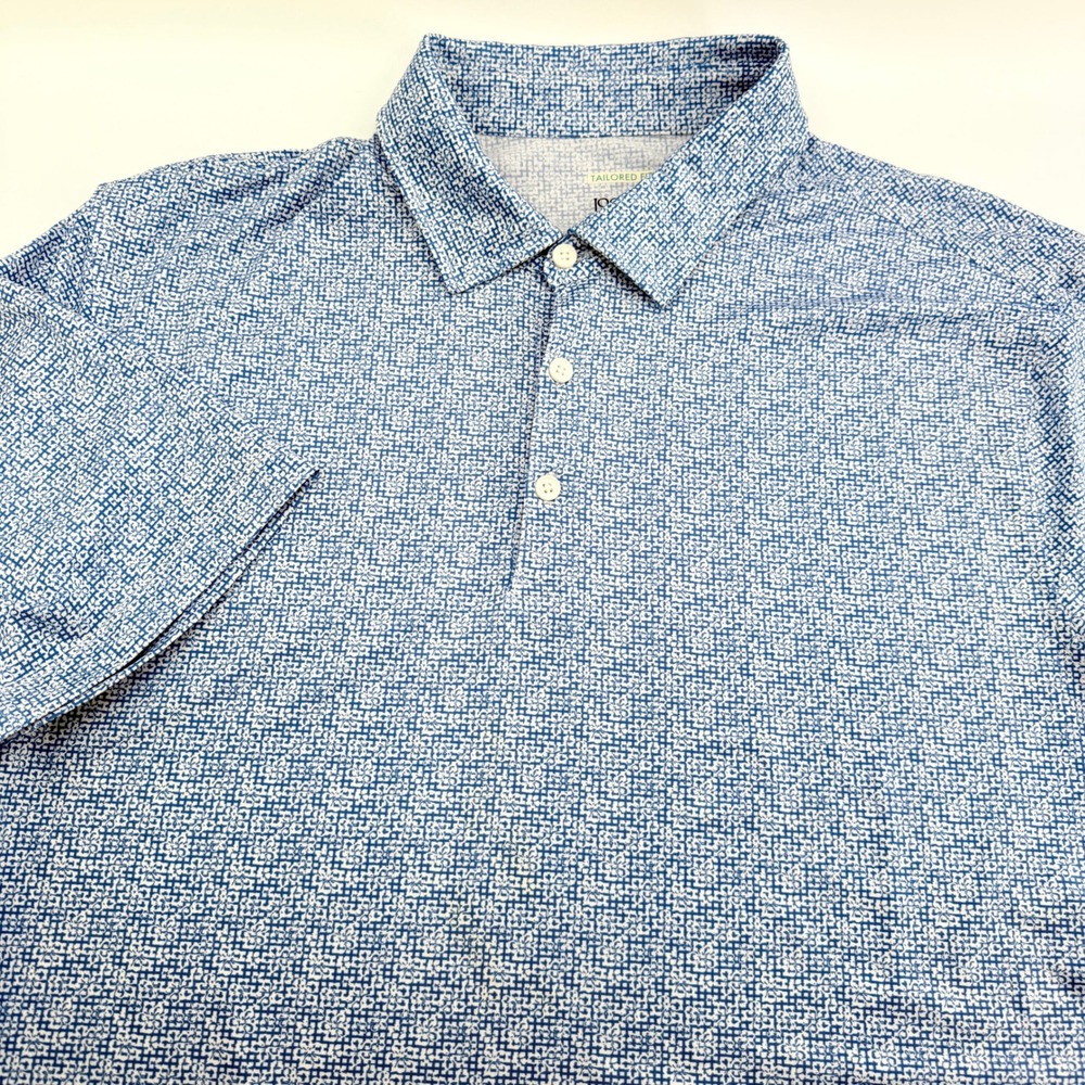 Jos. A. Bank Traveler Polo Shirt Mens Large L Tailored Fit Blue Geometric Floral